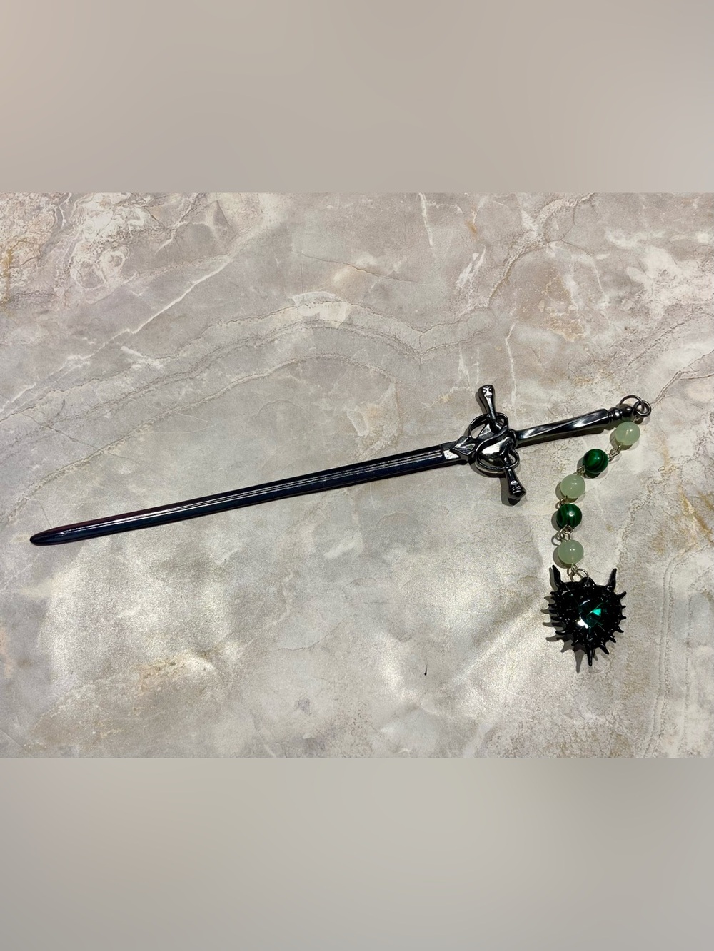 Decorative Silver Sword Hair Stick with Green Bead Charm (Handcrafted)